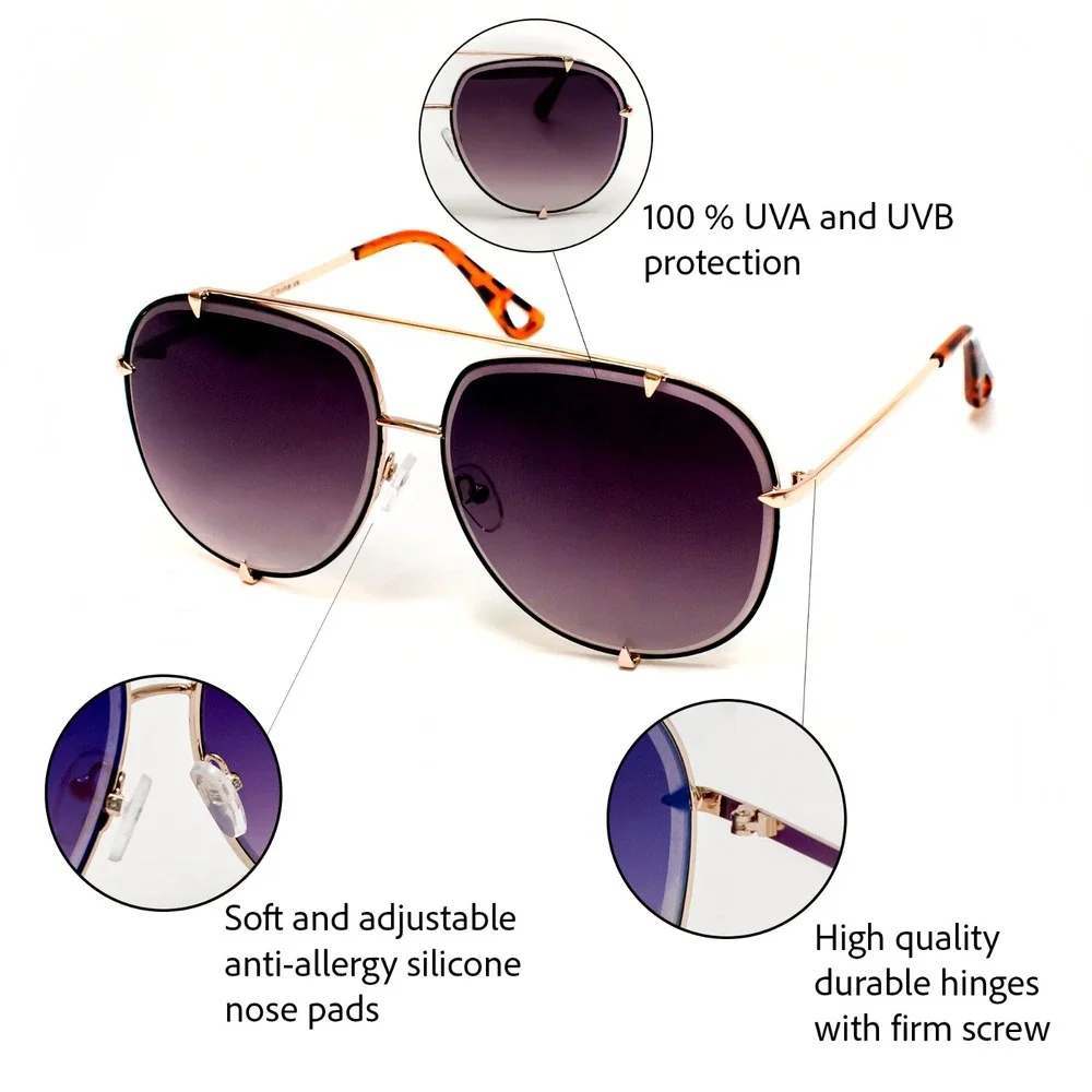 Womens Oversized  Sunglasses Gold Metal Frame Black Gradient Lens UV400 Lentes